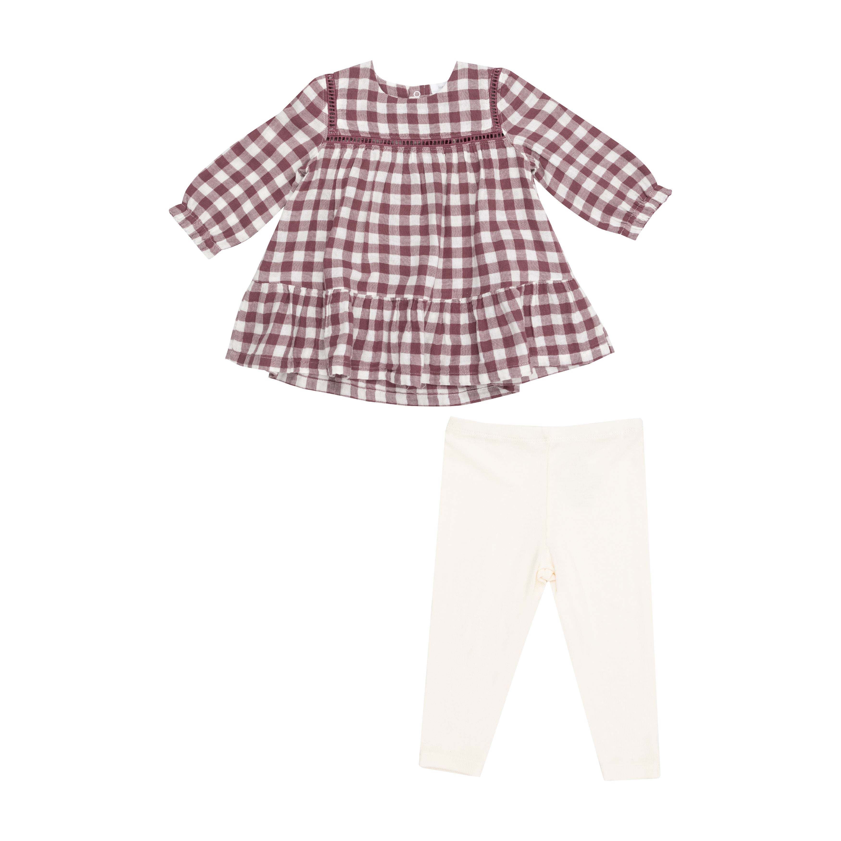 Angel Dear Gingham Plum Dress With Ribbed Legging