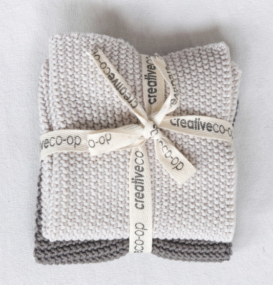 Cotton Knit Dish Cloths Set of Two Grey and White