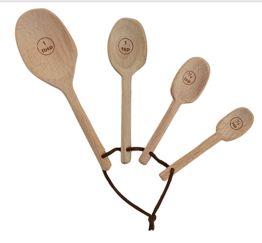 Carved Beech Wood Measuring Spoons w Leatehr Tie Set of 4