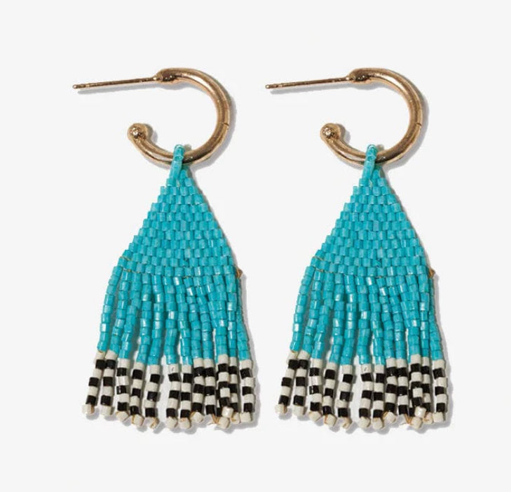 Leta Mini Gold Hoop Black/White Bottom Beaded Fringe Earrings Turquoise