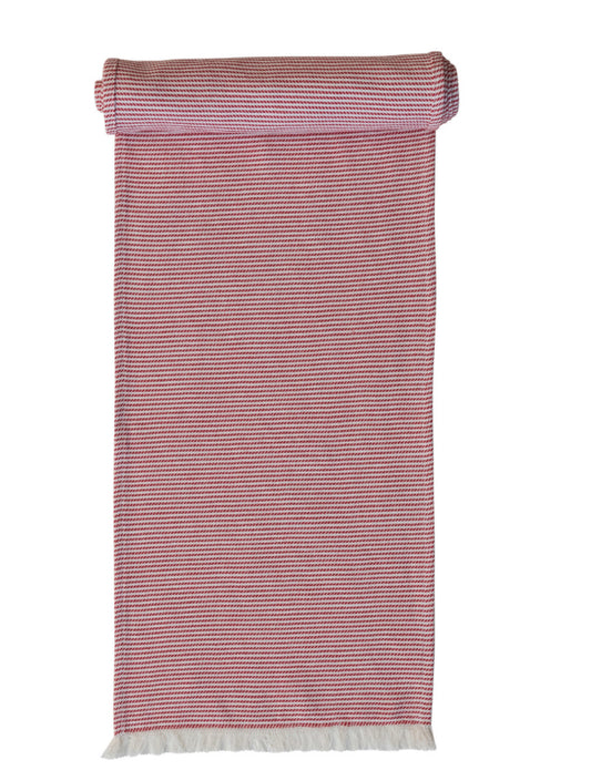 Woven Cotton Table Runner W/Stripes and Fringe Red/White