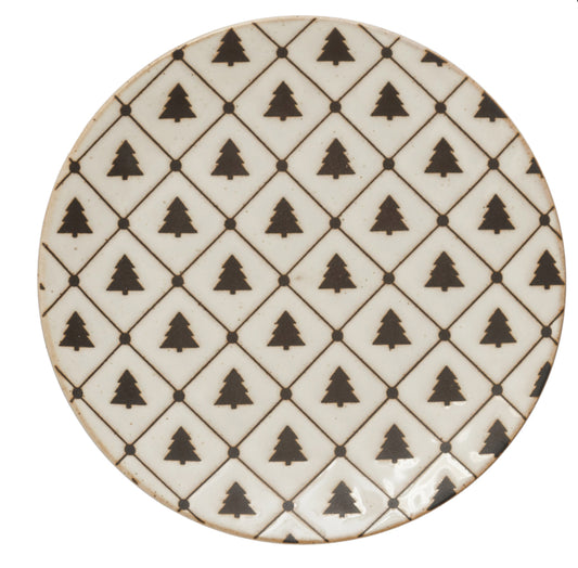 Stoneware Plate Christmas Tree Pattern Black & White