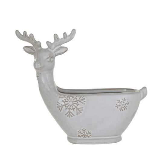 Stoneware Deer Shaped Bowl W Snowflakes