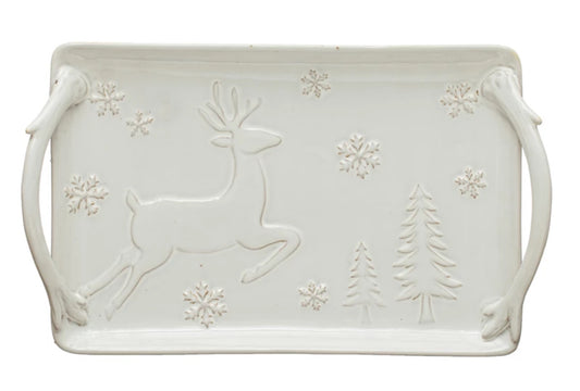 Stoneware Tray With Deer and Snowflakes