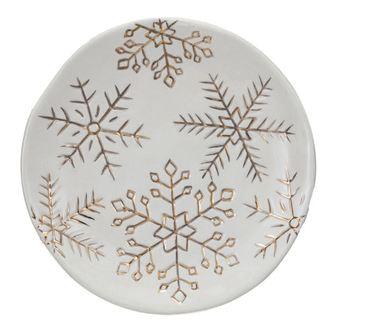 Stoneware Plate With Gold & White Snowflakes