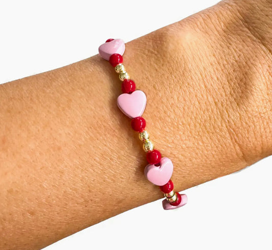 Gold Filled Bracelet Pink and Red Hearts